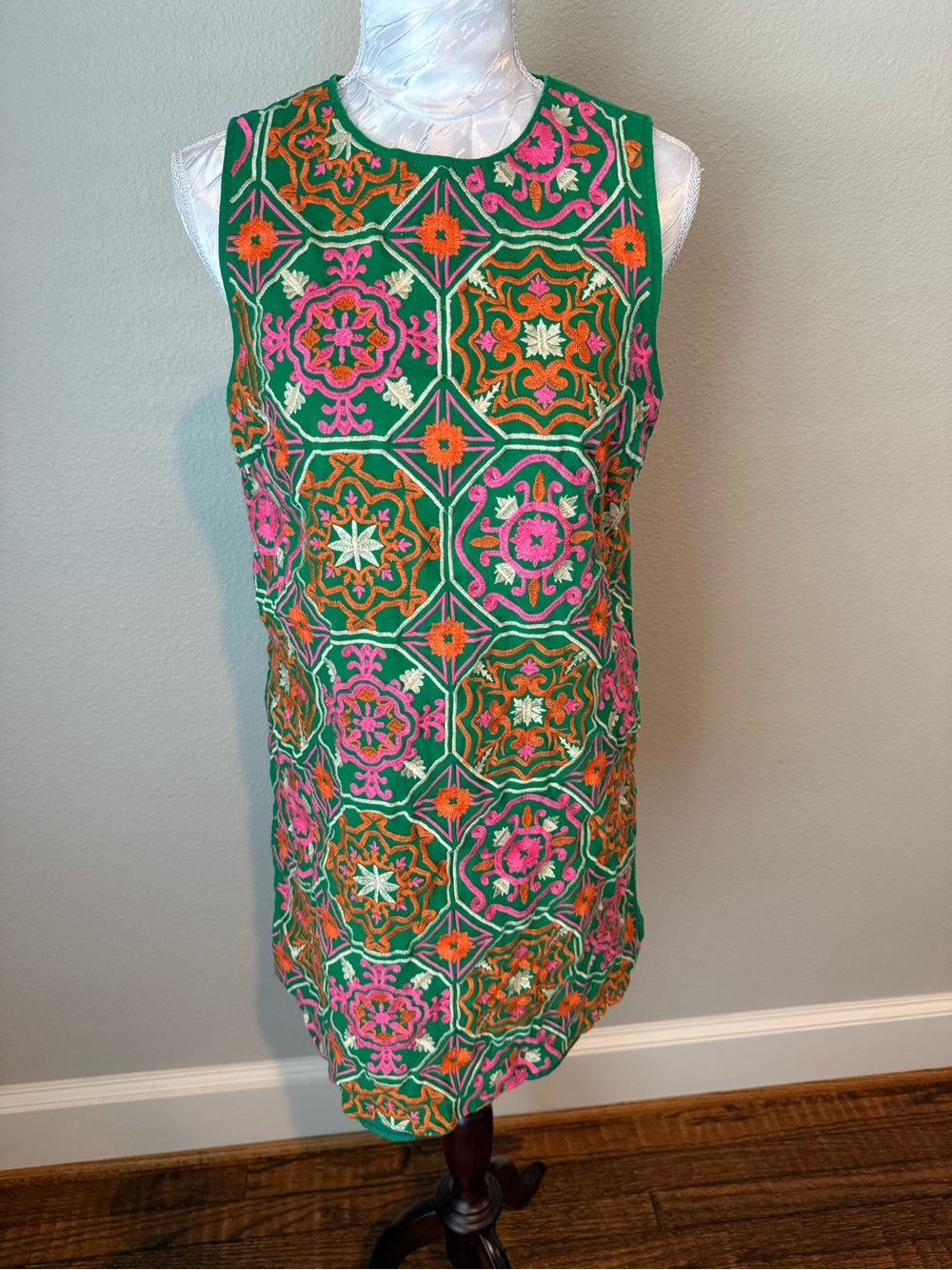 THML Green Sleeveless Mini Dress with Pink and Orange Embroidery